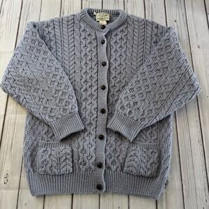 Cladyknit Irish Aran Wool Cardigan Cable Knit Blue‎ Button Front Medium Women's